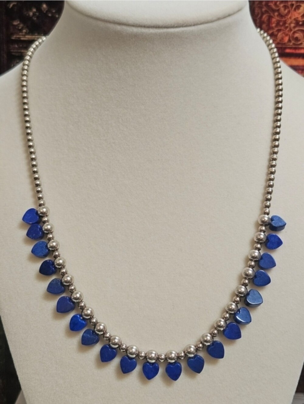 Vintage 925 QT Lapis Lazuli Heart Beads Sterling Silver Necklace